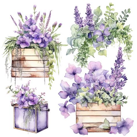 A Set Of Unique Effervescent Watercolor Style Clip Art Images In Purple