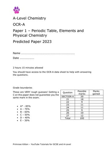 2023 Ocr A Chemistry A Level Predicted Paper 1 Teaching Resources