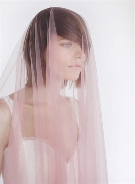 Soft Tulle Blush Pink Wedding Veil With Blusher Illusion Etsy