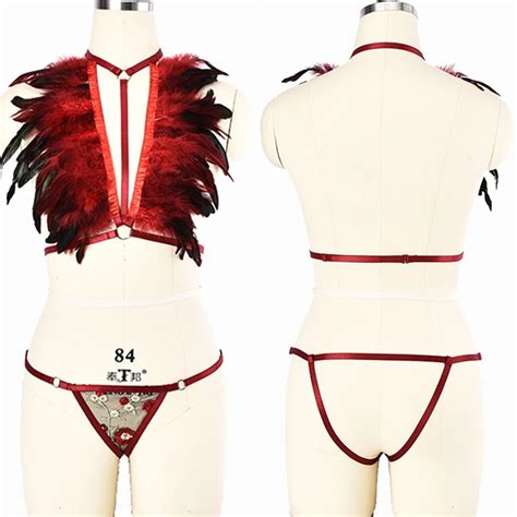 Red Body Harness Set Strap Adjust Sexy Lingerie Goth Feather Cage Bra