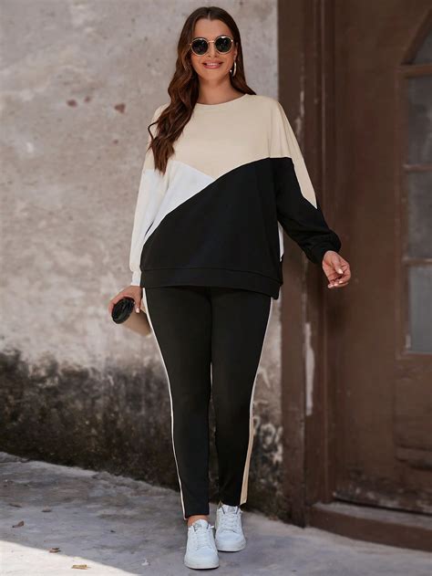 Shein Lune Plus Colorblock Drop Shoulder Sweatshirt And Leggings Shein Usa