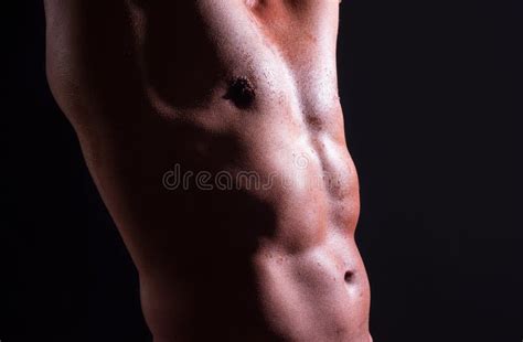 Banner With Nude Man Bare Torso On Black Isolated Cropped Body Of