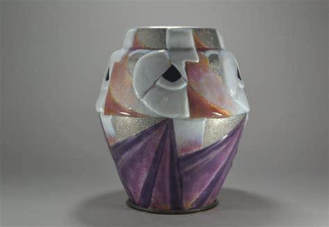 Fr Camille Faure Limoges Large Enamel On Metal Cubist Pattern Vase