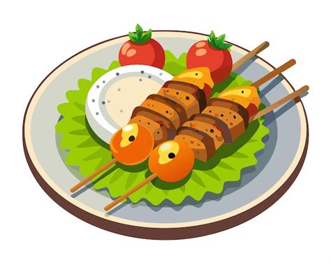 Grilled Chicken Skewers With Rice And Vegetables Served On Plate Vector