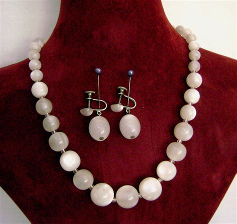 Vintage Coro White Lucite Moonglow Bead Necklace Drop Earrings