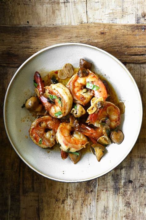 Shrimp With Garlic Sautéed Mushrooms Serving Dumplings