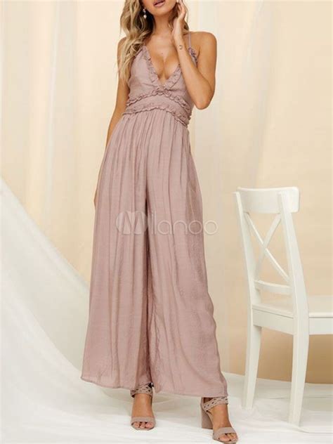 Women Jumpsuit V Neck Sleeveless Frills Wide Leg One Piece Jumpsuit Sponsored Neck Sponsored