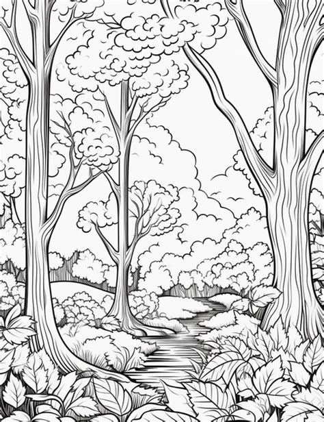 Un dibujo en blanco y negro de un bosque con árboles y un arroyo