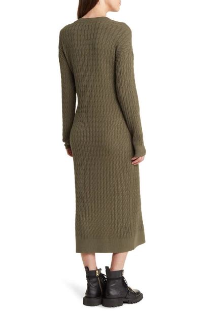 Treasure And Bond Cable Stitch Long Sleeve Midi Sweater Dress In Olive