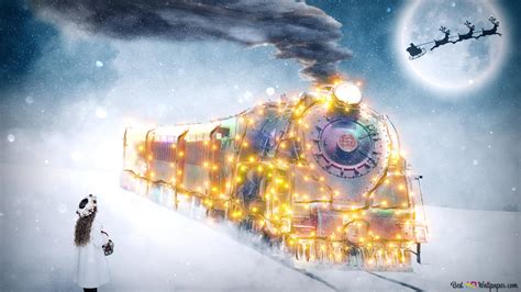 Christmas night train lights 2K wallpaper download