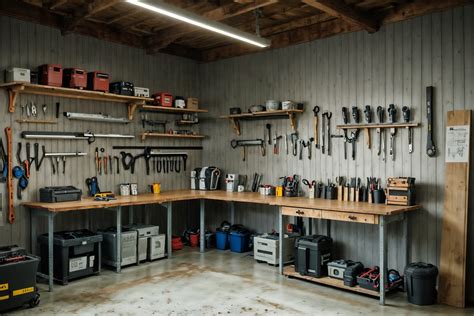 Simple-style (workshop interior) with tool wall and messy and wooden ...