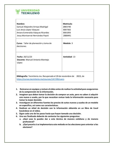 Actividad 13 Taller de planeación y toma de decisiones LV Reúnanse en