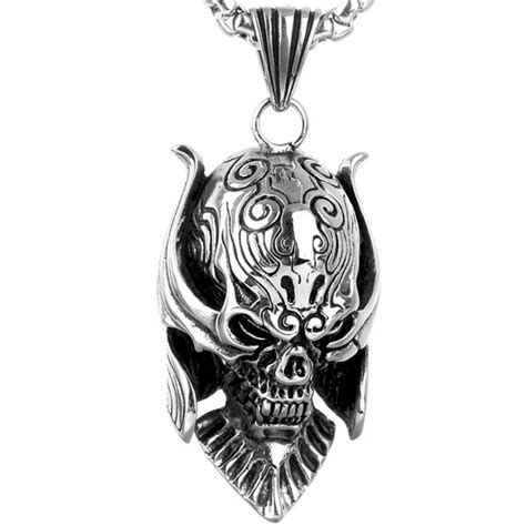 Mens Stainless Steel Pendant Necklace Silver Gothic Devil Skull Demon