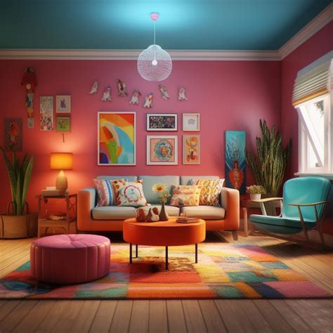 Premium AI Image | a colorful living room with a colorful wall and a ...