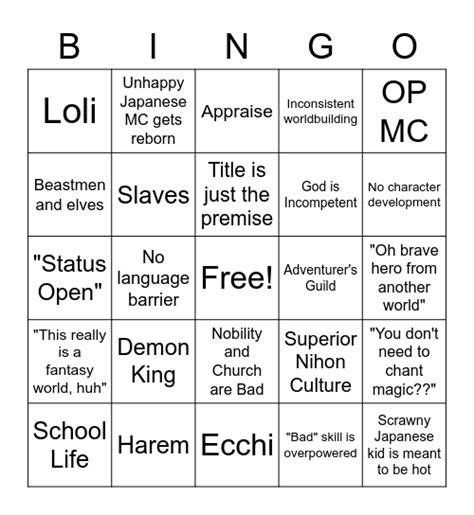 Isekai Bingo Card