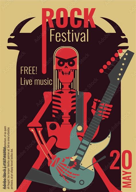 Rock music live festival poster vector illustration for free entry ...