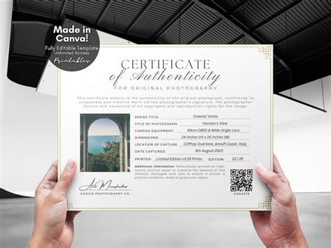 Editable Certificate Of Authenticity For Photography Template