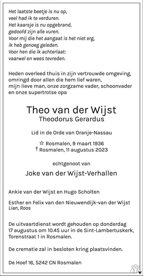 Theodorus Gerardus Theo Van Der Wijst 11 08 2023 Overlijdensbericht