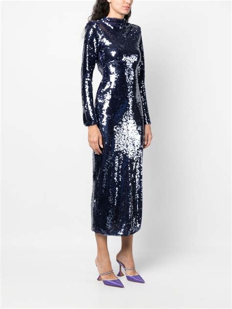 Self Portrait Long Sleeve Sequin Embellished Midi Dress Blue Farfetch