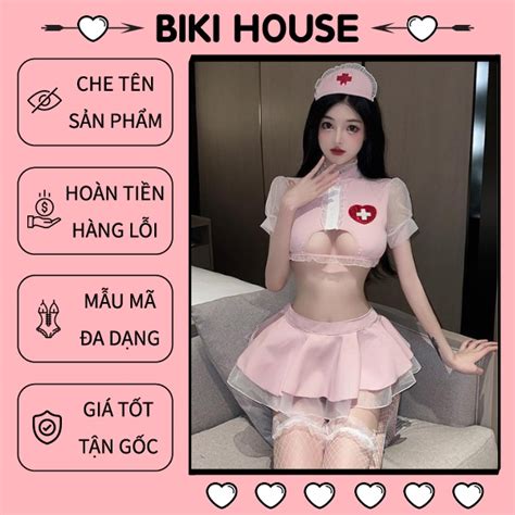 Cosplay Y Tá Anime Khoét Ngực Sexy Phối Ren Lưới Dễ Thương Cao Cấp Váy Xếp Ly áo Croptop Kèm