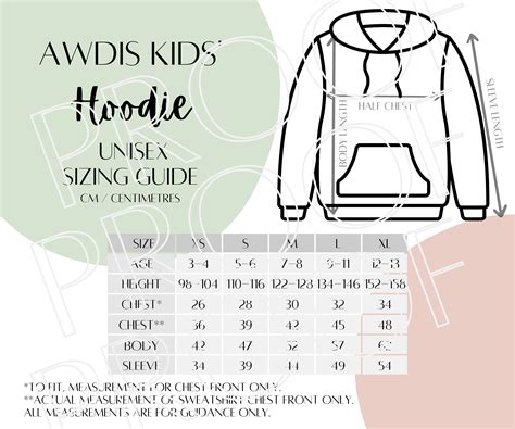 Awdis Kids Hoodie JH001J Sizing Chart, Unisex Hoodie Size Guide ...