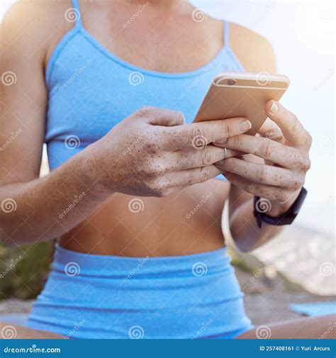 Woman Hands Fitness App And Phone Typing Outdoor In Workout Videos Exercise Tutorial And