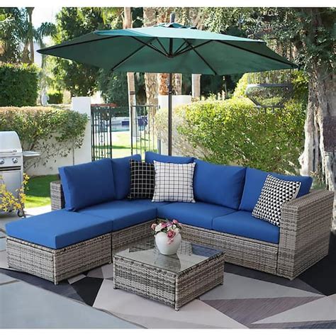 Uixe B Gray Wicker Outdoor Sectional Set With Blue Cushions