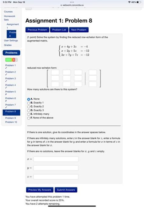 Solved 1 Point Solve The System By Finding The Reduced