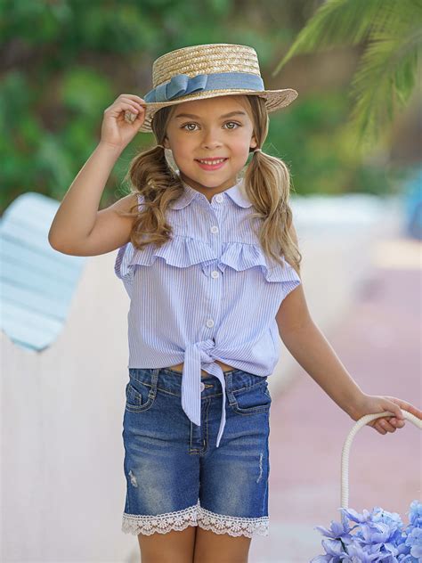 Knot Hem Top And Denim Shorts Set Cowgirl Fashion Mia Belle Girls