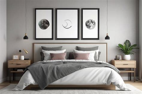 Premium Ai Image Poster Frames Mock Up Above Bed In Modern Bedroom