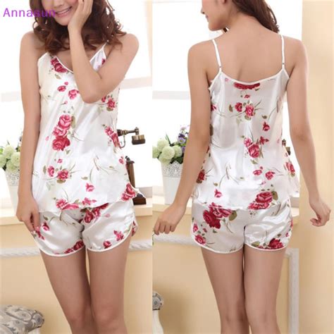 Annasun 2pcs Ladies Sexy Ice Silk Sleepwear Pajamas Set Blouses Shirt