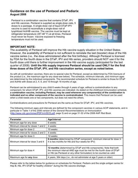 Guidance on the use of Pentacel and Pediarix