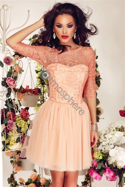 Rochie Baby Doll Dantela Si Tul Somon Rn Atmosphere Fashion