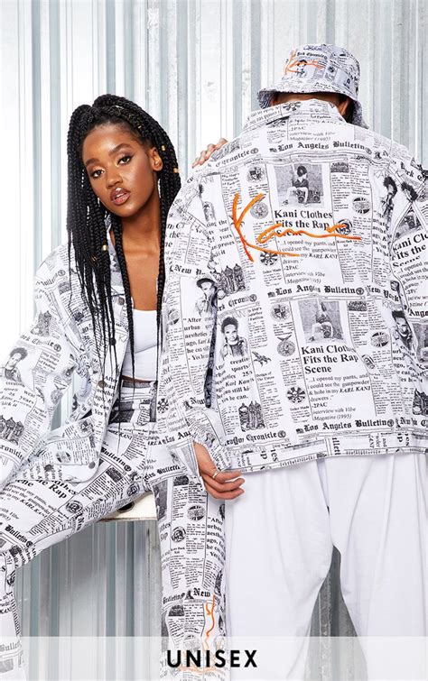 Karl Kani Monochrome Newspaper Oversized Denim Jacket Fashion