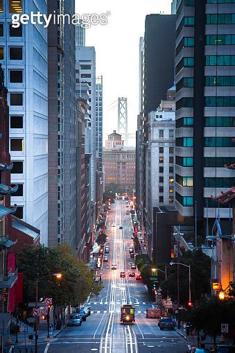 Downtown San Francisco With Cable Car On California Street At Dawn San