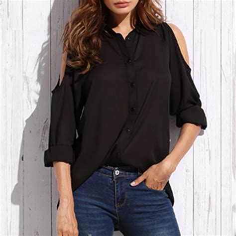 Yilia Sexy Off Shoulder Black Solid Loose Chiffon Blouse Women Fashion Long Sleeve Plus Size