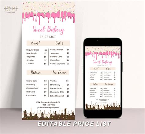 Editable Bakery Price List Template Dessert Frosting Sweet Menu