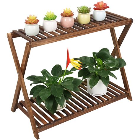 Tovacu Wood Plant Stand Indoor Outdoor 2 Tiers Flower Stand Corner ...