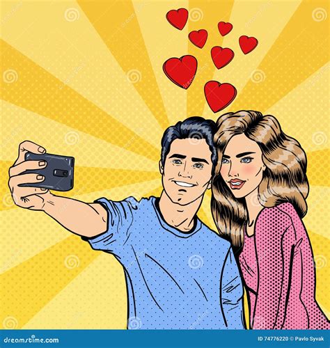 Young Loving Couple Making Selfie On Smartphone Pop Art Stock Vector