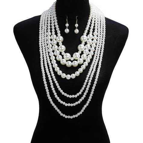 Npy Gcr Multi Layered Pearl Strands Chunky Necklace And Earrings Set