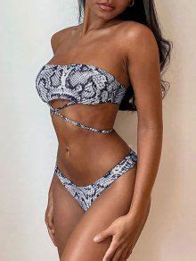 61 OFF 2022 ZAFUL Snake Print Tie Bandeau Bikini In PLATINUM ZAFUL