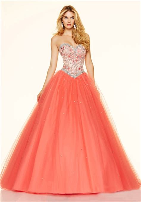 Ball Gown Sweetheart Drop Waist Corset Back Coral Tulle Beaded Prom Dress