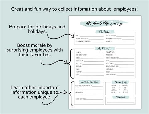 Employee Favorite Things List Printable All About Me Employee Survey