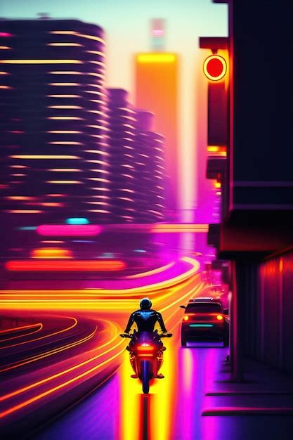 Premium AI Image | Biker rushes along the highway of the city Neon ...