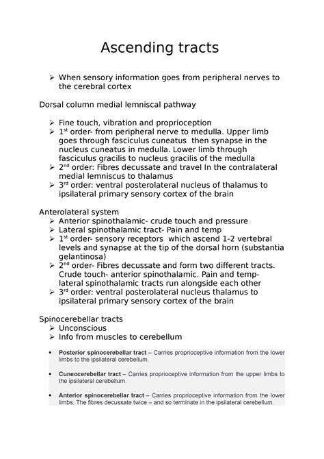 Ascending tracts - 2nd year Neuro summary - Ascending tracts When sensory information goes from ...