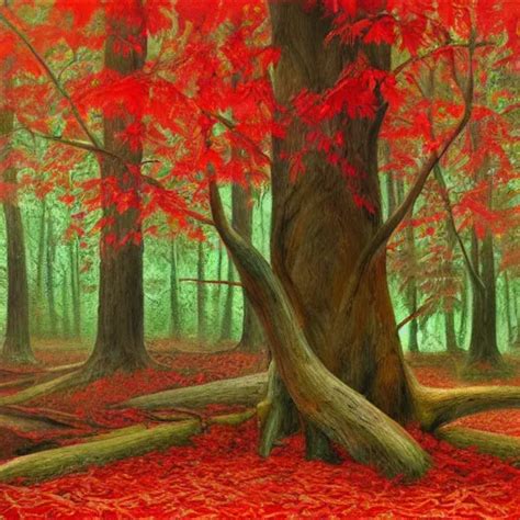 A Red Leafed Tree Falling In A Forest Where No One Is Stable Diffusion