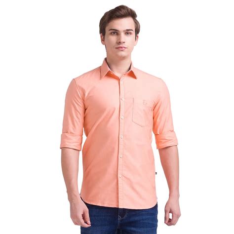 Men Orange Slim Fit Solid Cotton Full Sleeve Shirts Myraymond