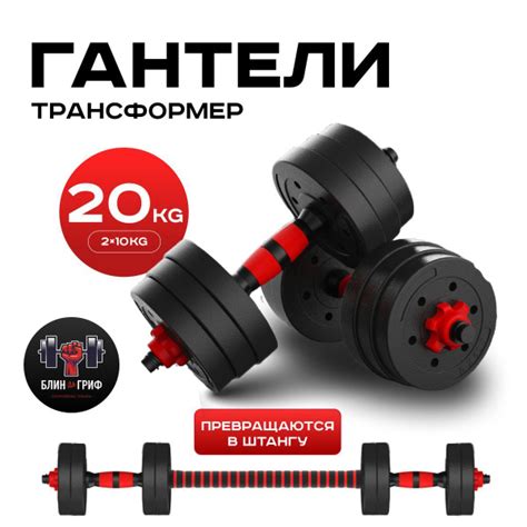 Гантели БЛИН-да-ГРИФ разборные для фитнеса + штанга, 2 шт. по 10 кг ...