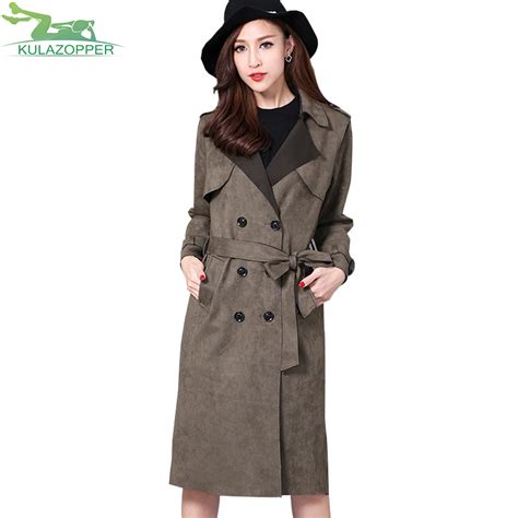 Plus Size 6xl Suede Trench Coat For Women 2018 Spring Autumn Elegant