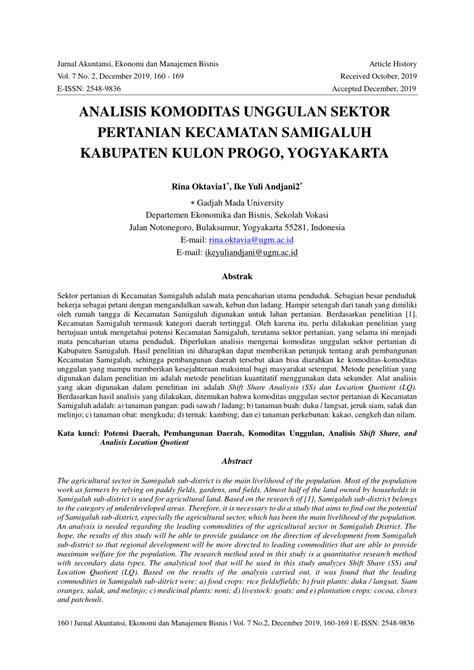 Pdf Analisis Komoditas Unggulan Sektor Pertanian Kecamatan Samigaluh